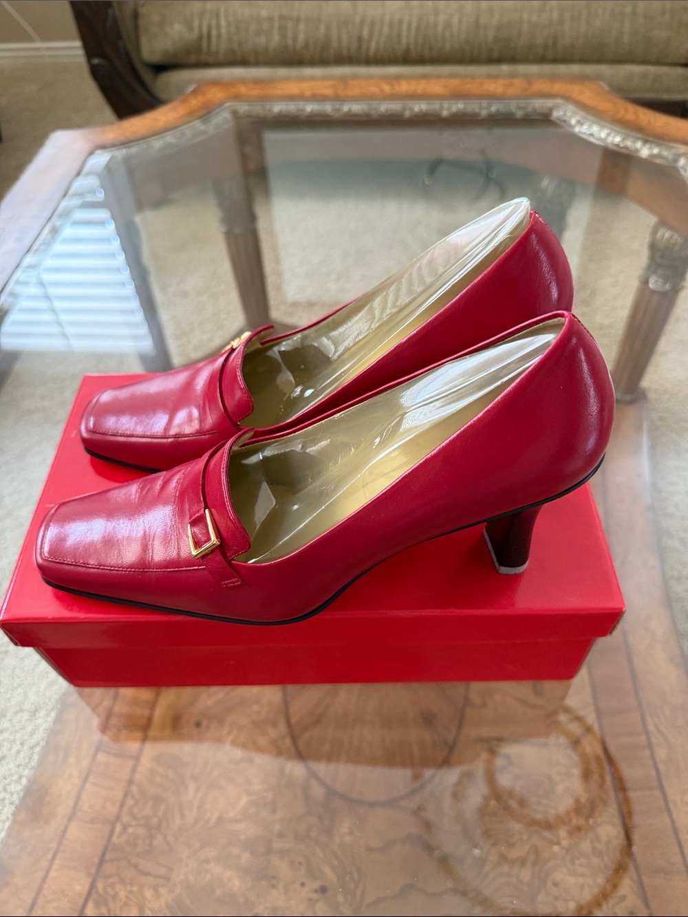 Anne Klein Red Leather Mid Heel Loafers